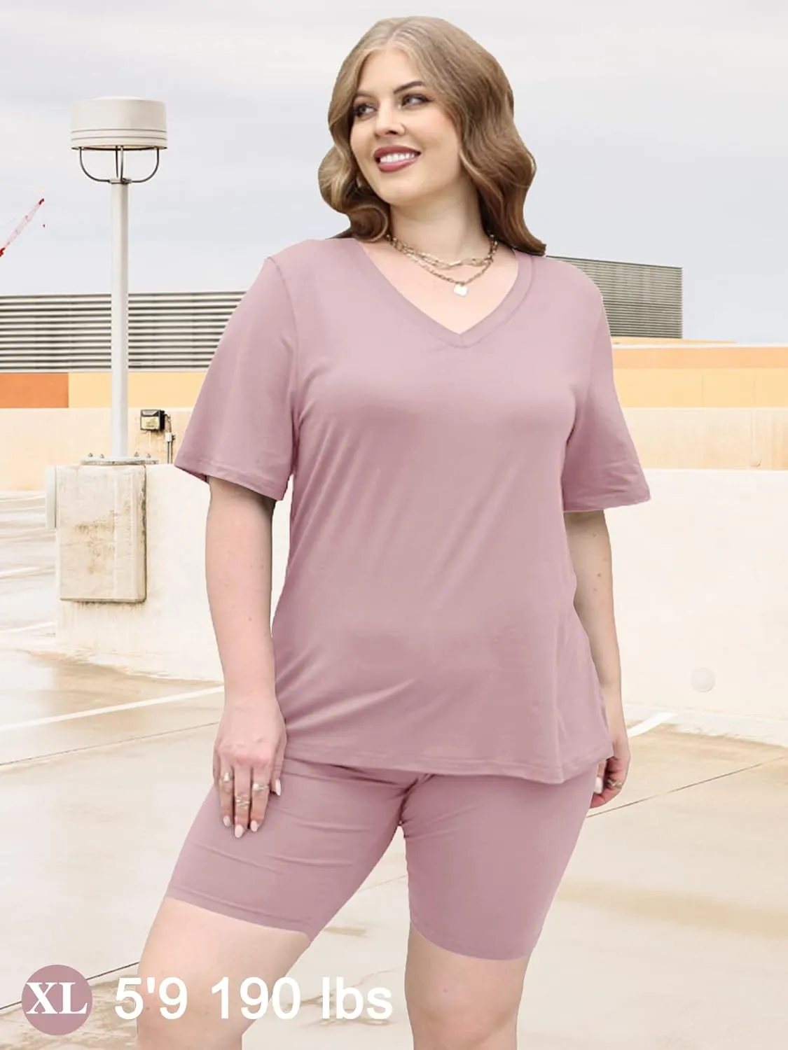 AGSEEM Two Piece Outfits For Women Summer V Neck T-Shirt Tops Biker Shorts Workout Sports Tracksuit