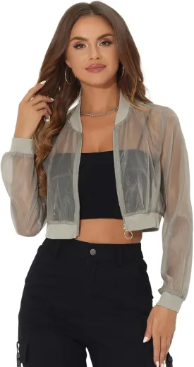 Allegra K Bomber Crop Jacket for Women's Sheer Mesh Lightweight Long Sleeve Jackets