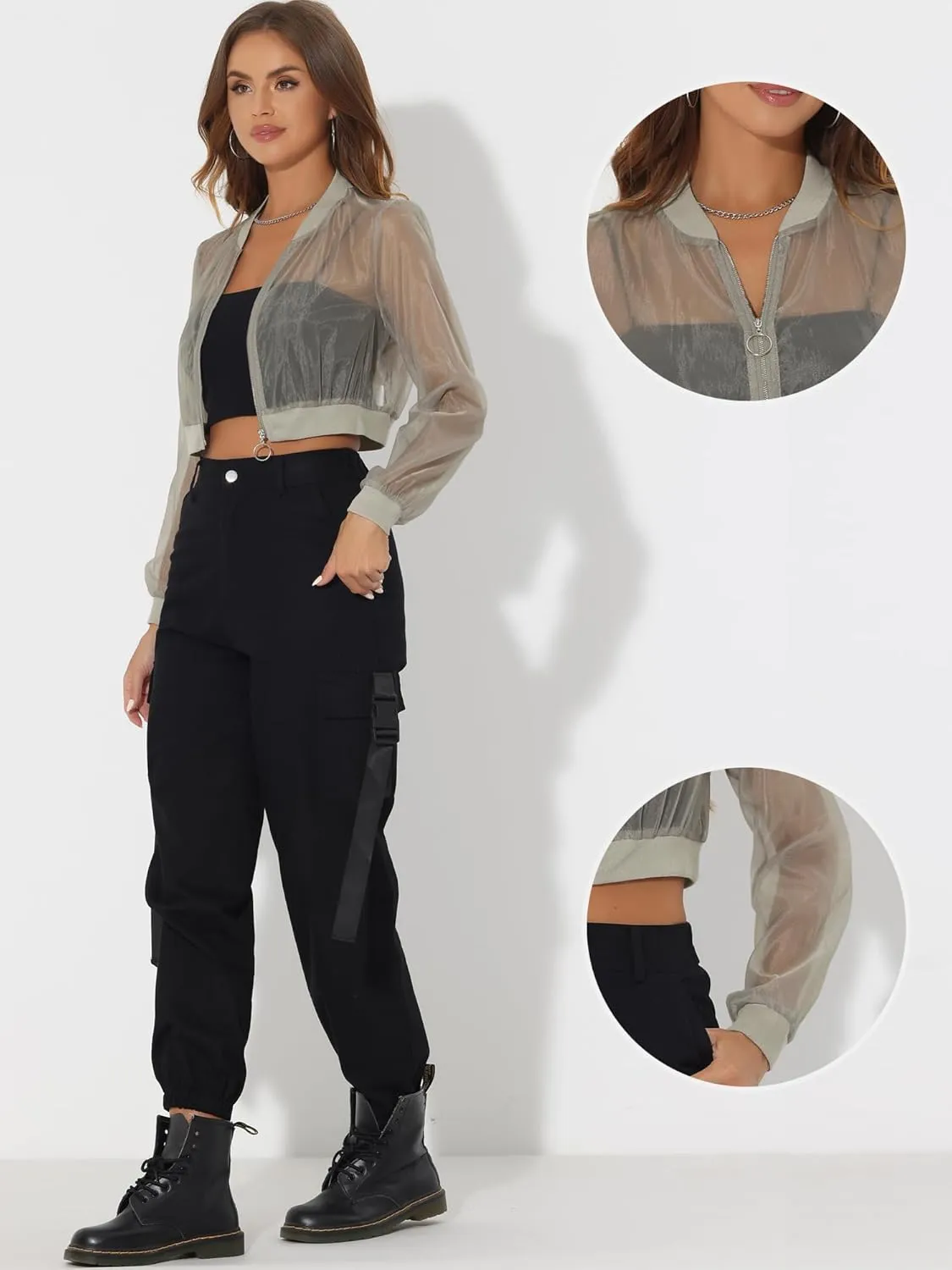 Allegra K Bomber Crop Jacket for Women's Sheer Mesh Lightweight Long Sleeve Jackets