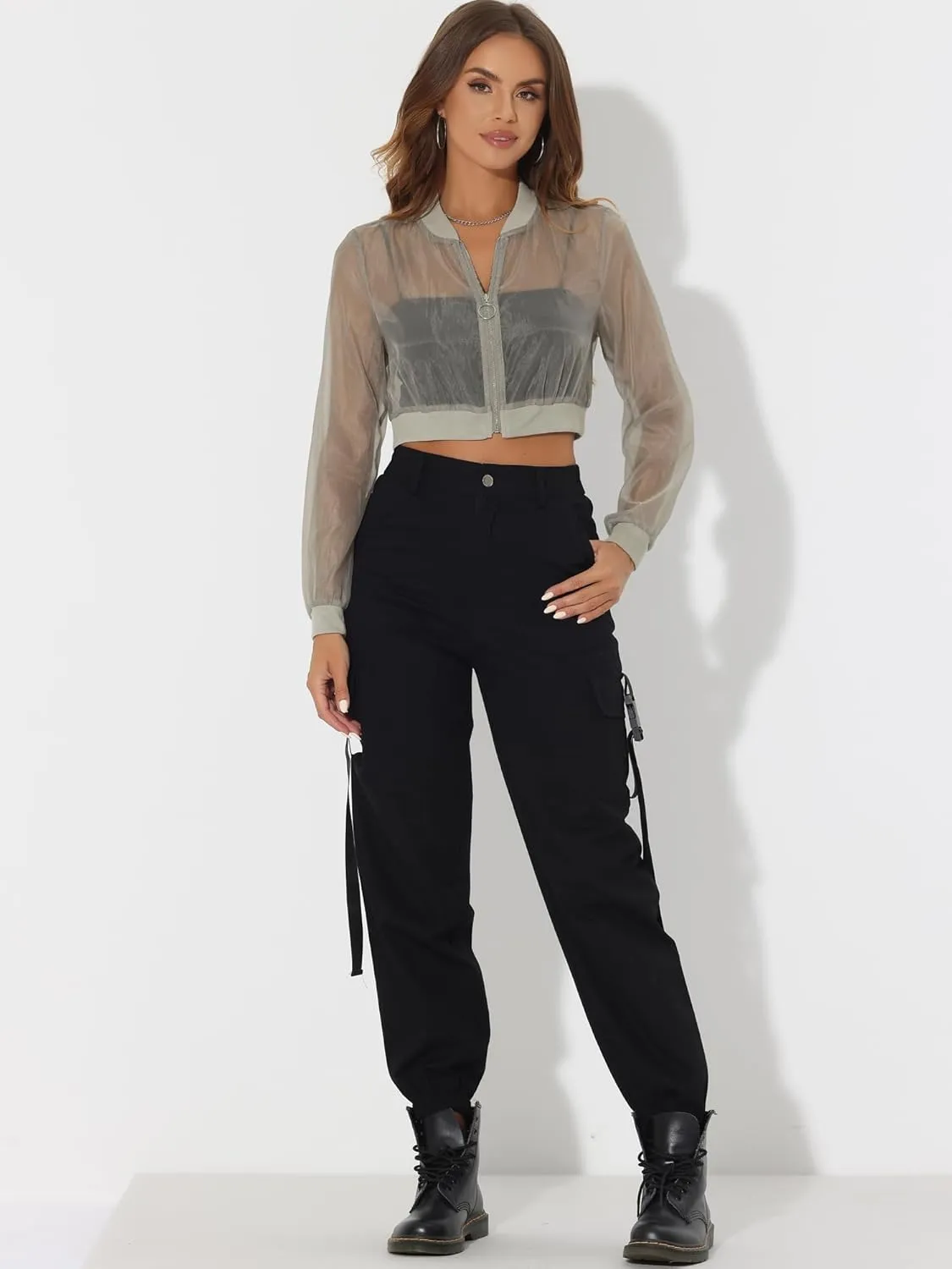 Allegra K Bomber Crop Jacket for Women's Sheer Mesh Lightweight Long Sleeve Jackets