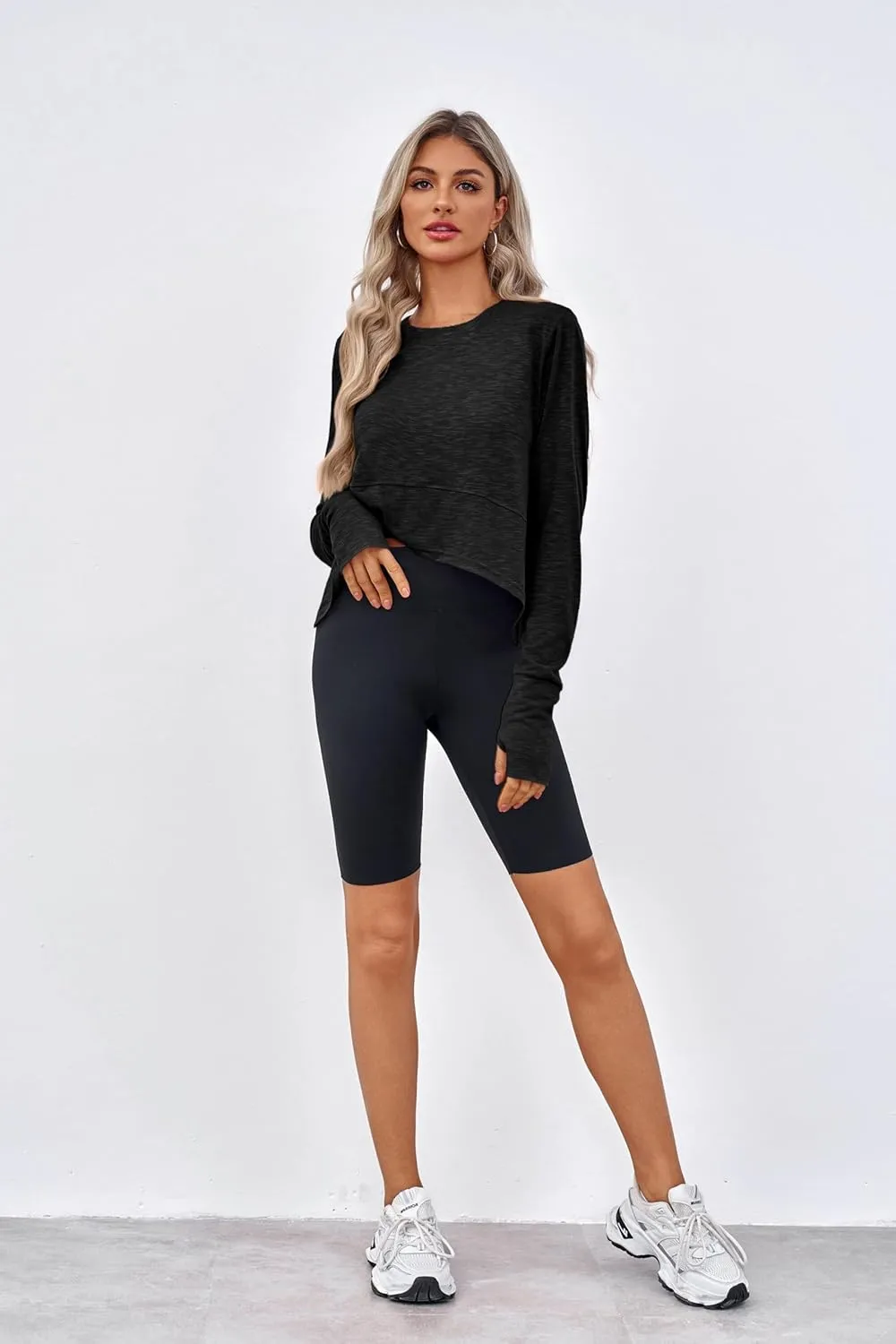 Aurgelmir Womens Long Sleeve Cropped Tops Loose Workout Athletic T-Shirts Flowy Sweatshirt for Yoga Tiered Hem Gym Tees