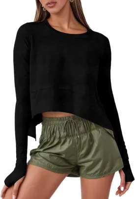 Aurgelmir Womens Long Sleeve Cropped Tops Loose Workout Athletic T-Shirts Flowy Sweatshirt for Yoga Tiered Hem Gym Tees