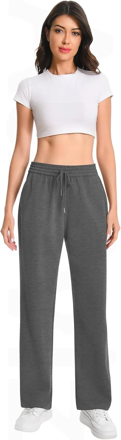 Auriviz Widen Waistband Sweat Pants for Women Exposed Pockets Lounge Sweatpants Straight Leg Pants 29 Inseam