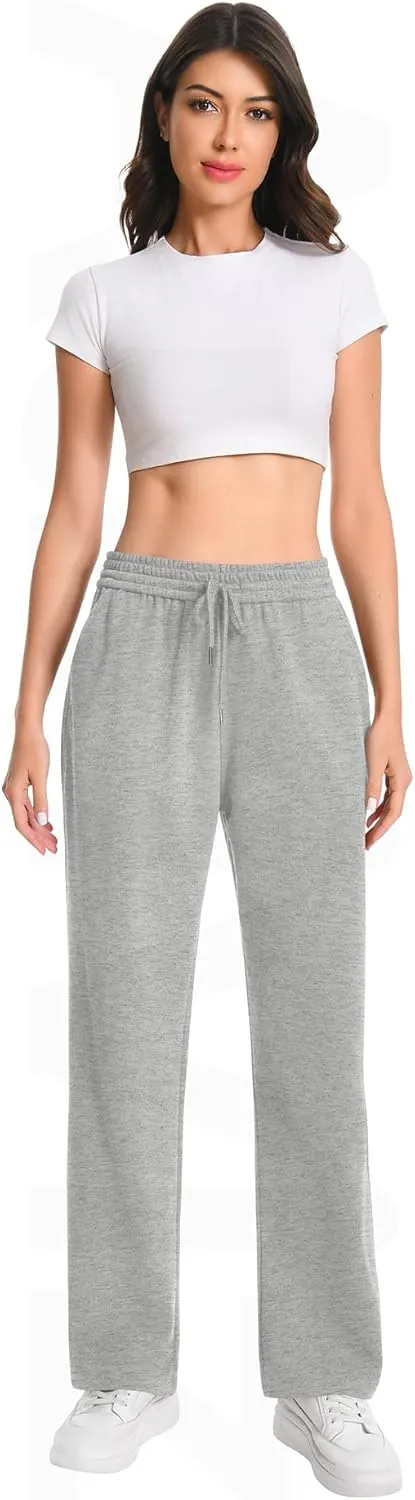 Auriviz Widen Waistband Sweat Pants for Women Exposed Pockets Lounge Sweatpants Straight Leg Pants 29 Inseam