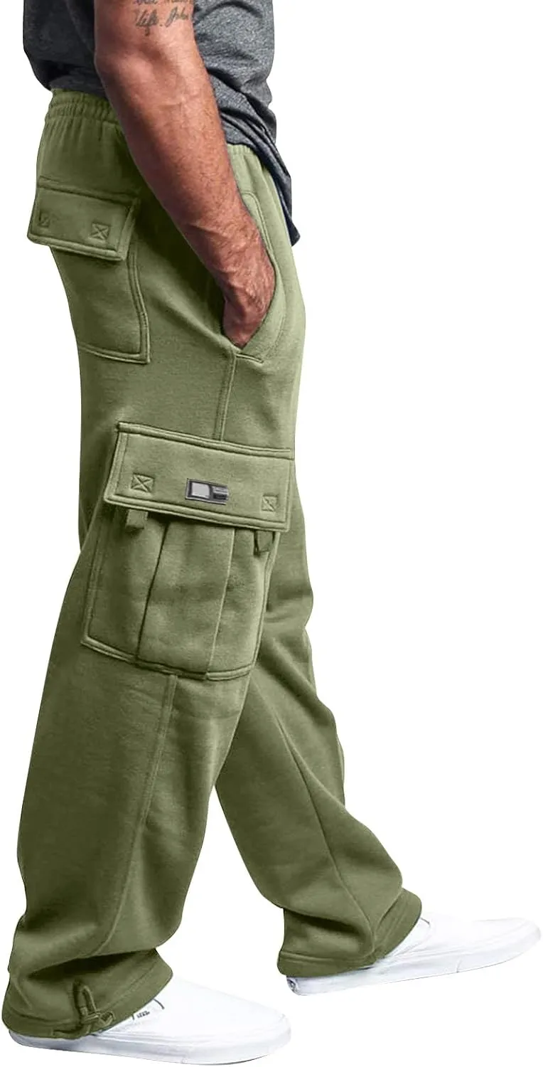 Cargo Sweatpants for Men Multi Pockets Cotton Straight Leg Sweatpants Outdoor Baggy Drawstring Joggers Hiking Pants