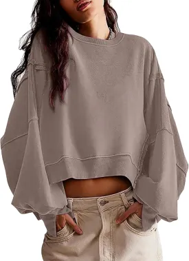 EGUGYDW Womens Crewneck Sweatshirts Cropped Long Sleeve Side Slit Loose Fit Teen Girls 2024 Fall Crop Pullover Tops