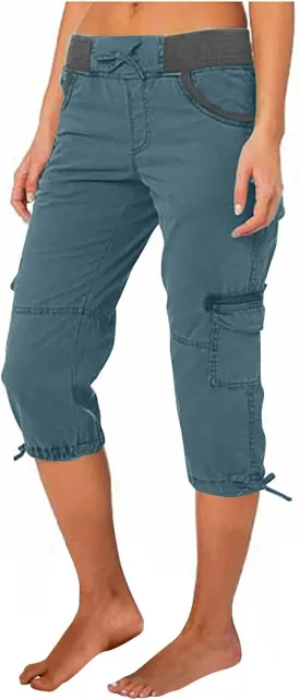 Elastic Waist Cargo Shorts for Women Summer Fashion Casual Travel Cropped Trousers Hiking Relaxed Multi-Pocket Shorts