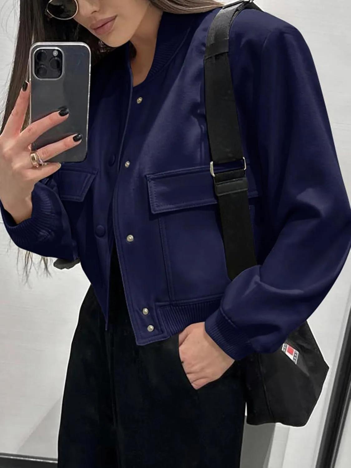 Fisoew Womens Cropped Bomber Jackets Casual Button Down Long Sleeve Stand Collar Coats with Pockets