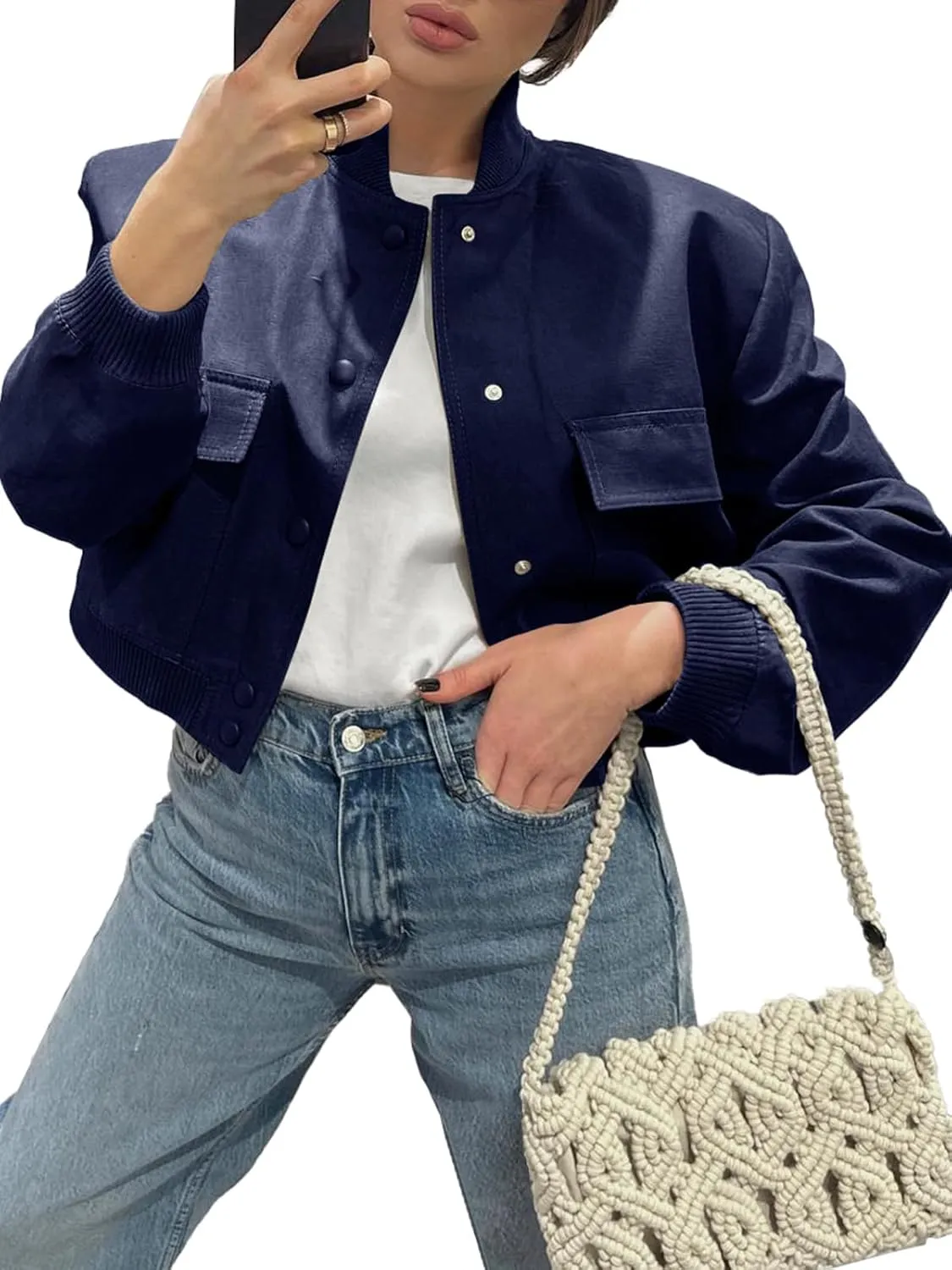 Fisoew Womens Cropped Bomber Jackets Casual Button Down Long Sleeve Stand Collar Coats with Pockets