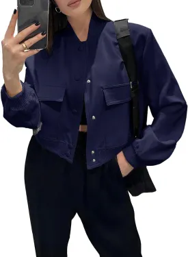 Fisoew Womens Cropped Bomber Jackets Casual Button Down Long Sleeve Stand Collar Coats with Pockets