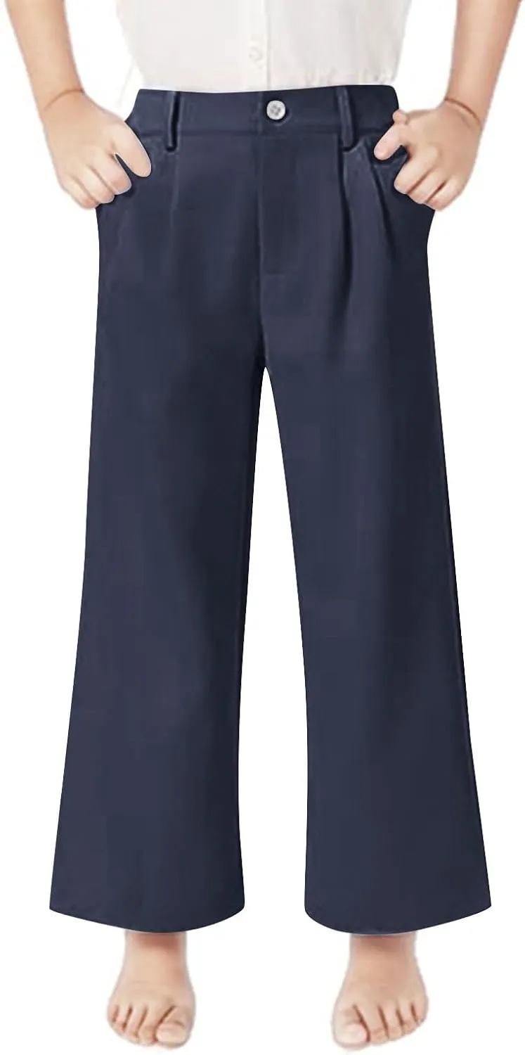 Girls School Uniform Long Pants Preppy Buttons High Waist Baggy Wide Leg Trousers Teen Formal Casual Dress Pants
