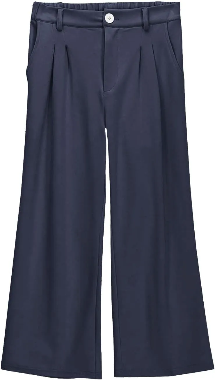 Girls School Uniform Long Pants Preppy Buttons High Waist Baggy Wide Leg Trousers Teen Formal Casual Dress Pants