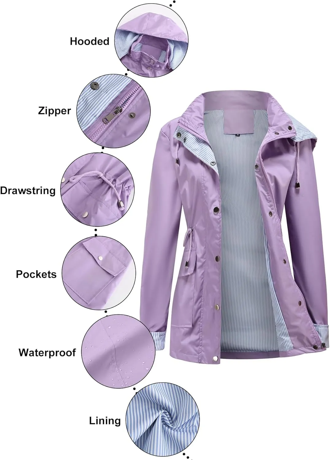 IFFEI Women's Rain Jacket Lightweight Waterproof Rain Coat Outdoor Hooded Windbreaker with Pockets
