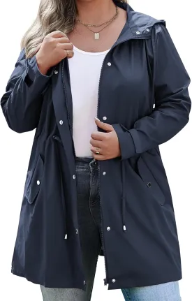 IN'VOLAND Plus Size Rain Jackets For Women Waterproof Rain Coats with Hood Lightweight Windbreaker Outdoor Trench Coat