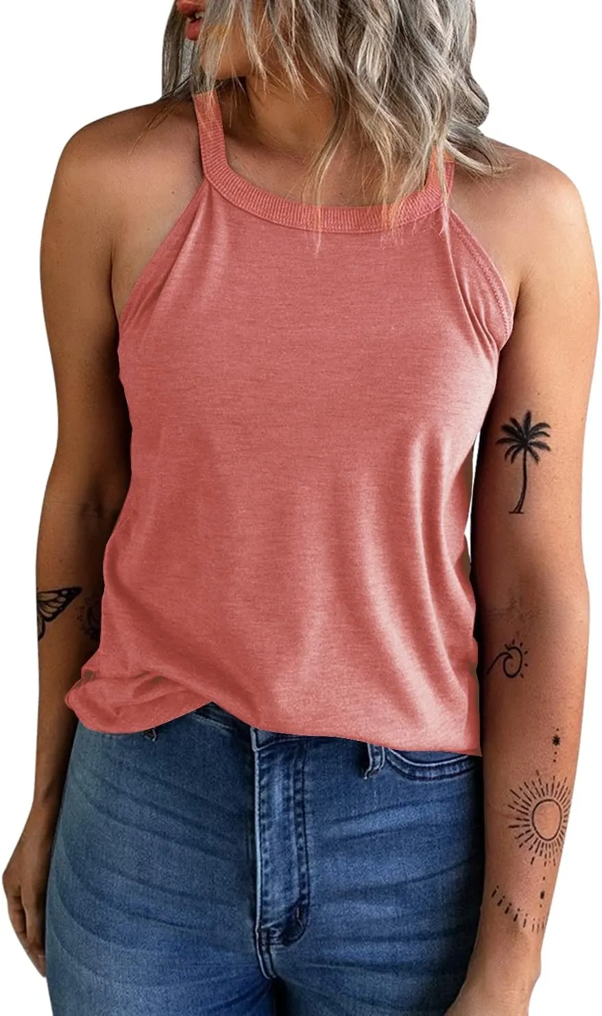KINLONSAIR Women's Summer Sleeveless Halter Tee Shirts Crew Neck Workout Tank Tops Casual Plain Cami Shirts