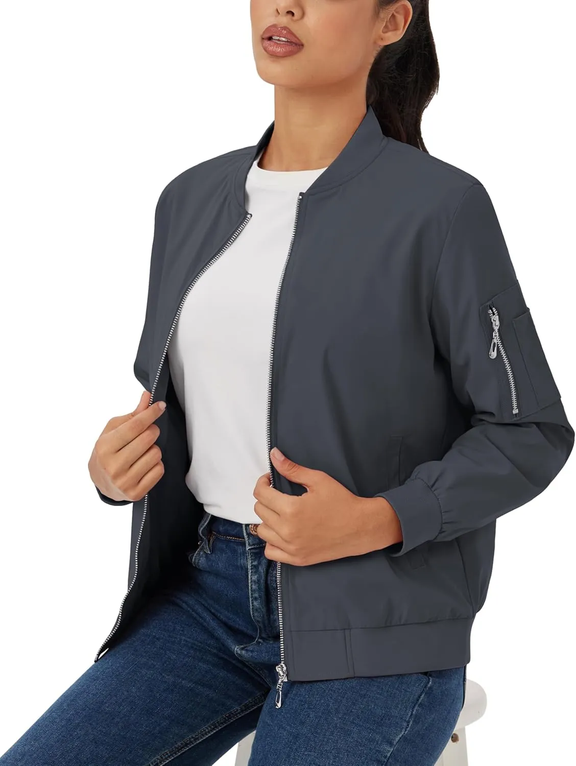 MAGCOMSEN Women's Jacket Lightweight Bomber Jackets 5 Pockets Windbreaker Zip-up Casual Moto Outwear