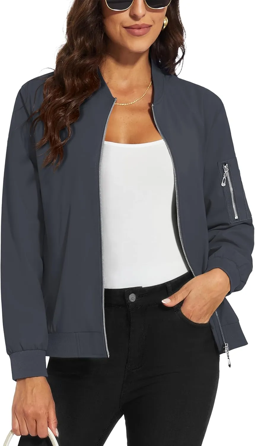 MAGCOMSEN Women's Jacket Lightweight Bomber Jackets 5 Pockets Windbreaker Zip-up Casual Moto Outwear