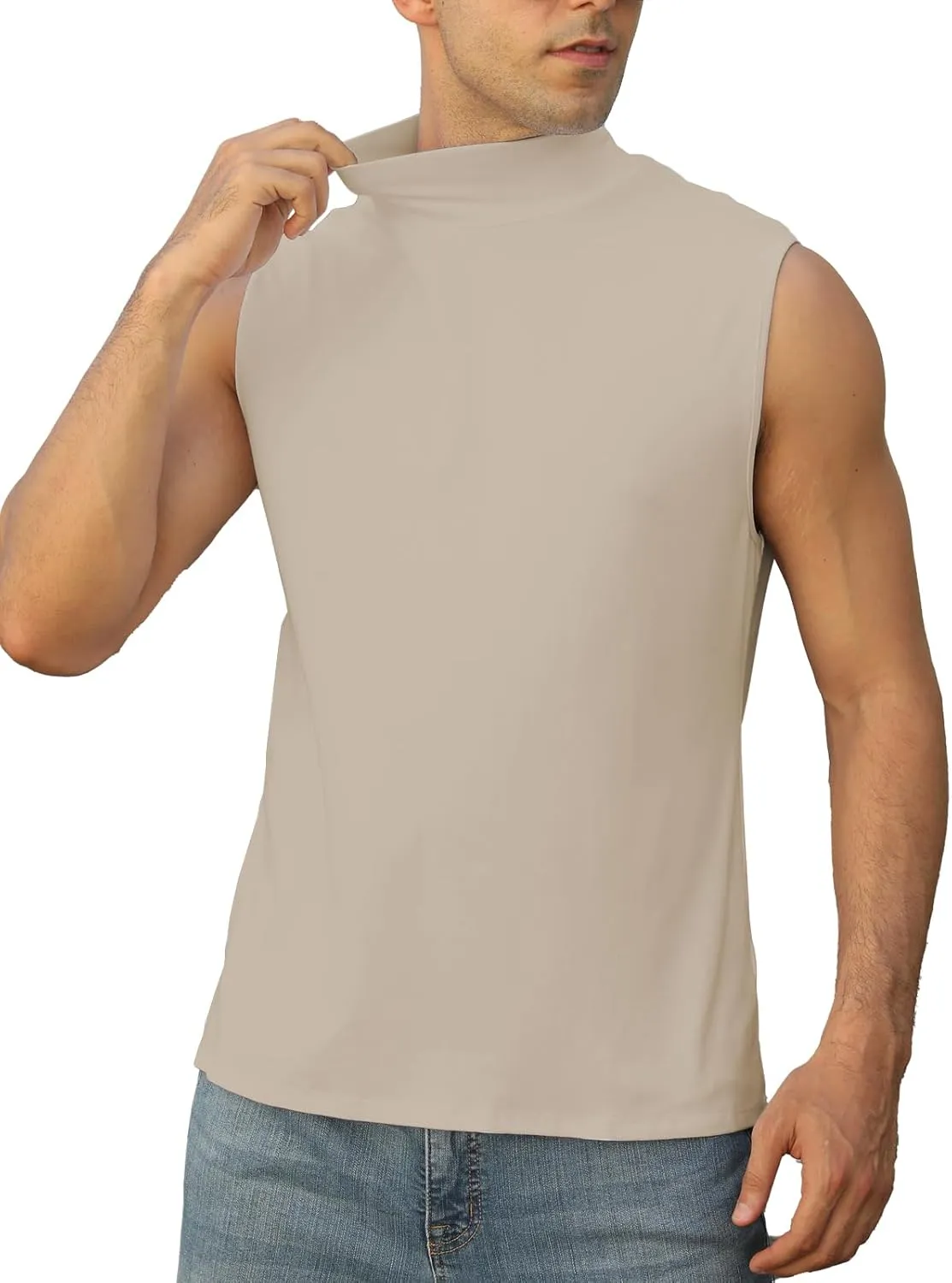 Mens Mock Turtleneck Tee Shirts Sleeveless Casual Basic Slim Fit Knitted Pullover Tank Tops
