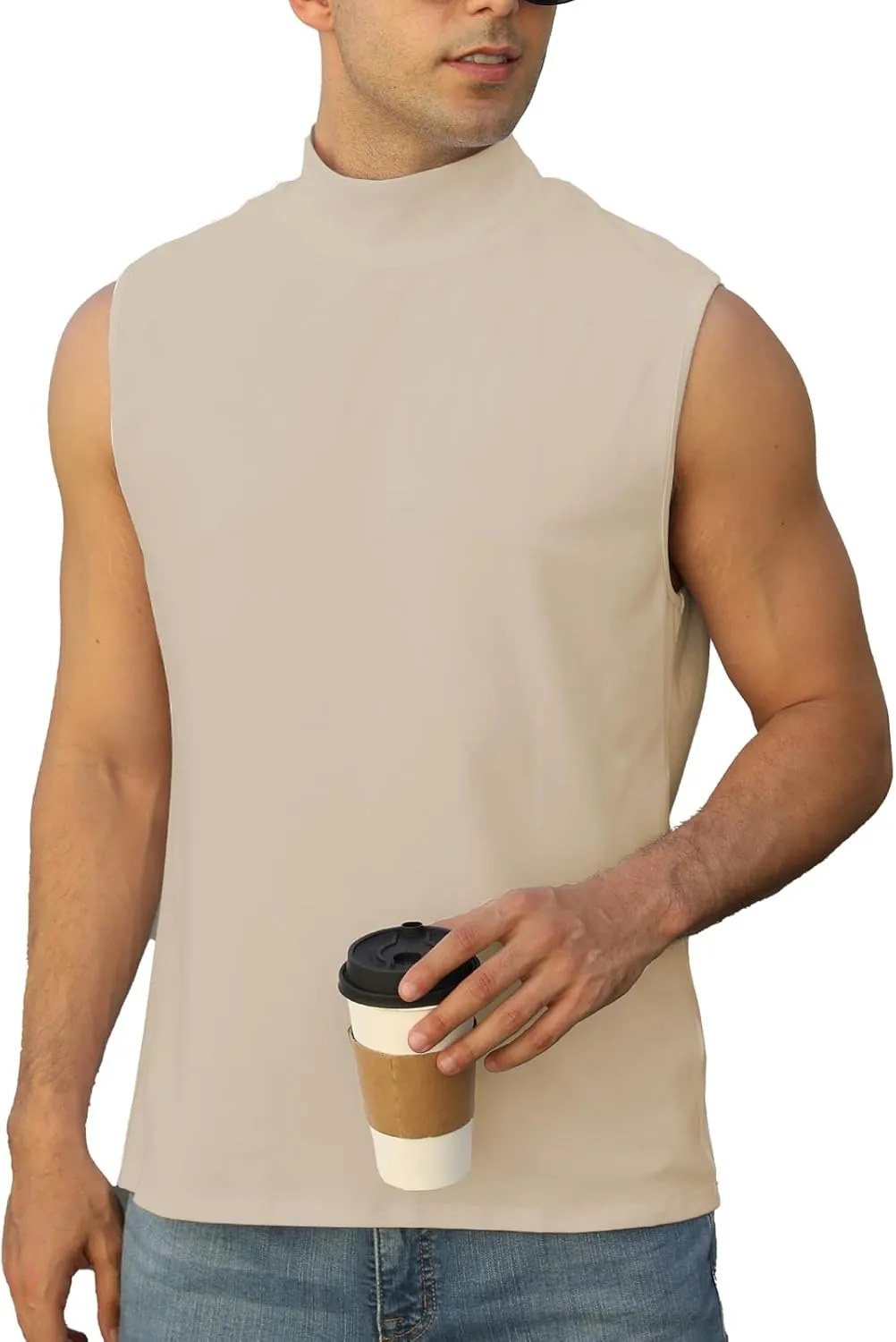 Mens Mock Turtleneck Tee Shirts Sleeveless Casual Basic Slim Fit Knitted Pullover Tank Tops