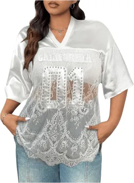 Milumia Women's Plus Size Letter Print Lace Sheer Mesh Jersey Shirt Half Sleeve V Neck Oversized Tee Top