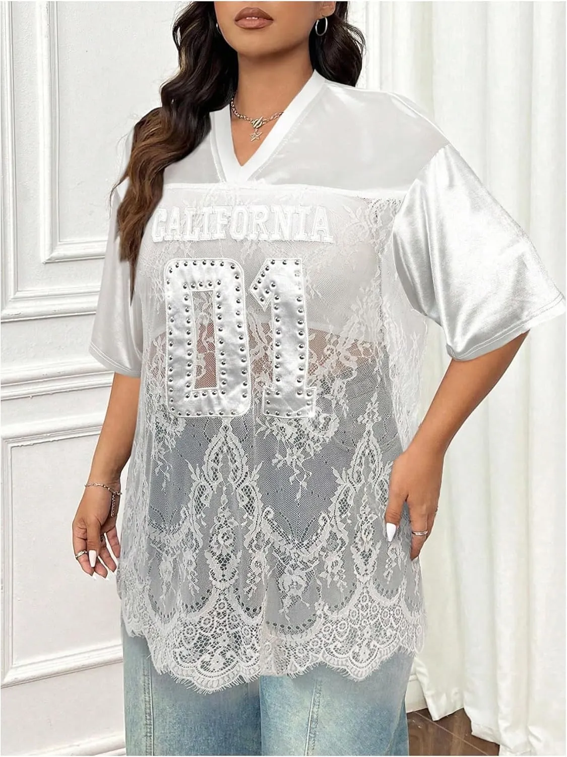 Milumia Women's Plus Size Letter Print Lace Sheer Mesh Jersey Shirt Half Sleeve V Neck Oversized Tee Top