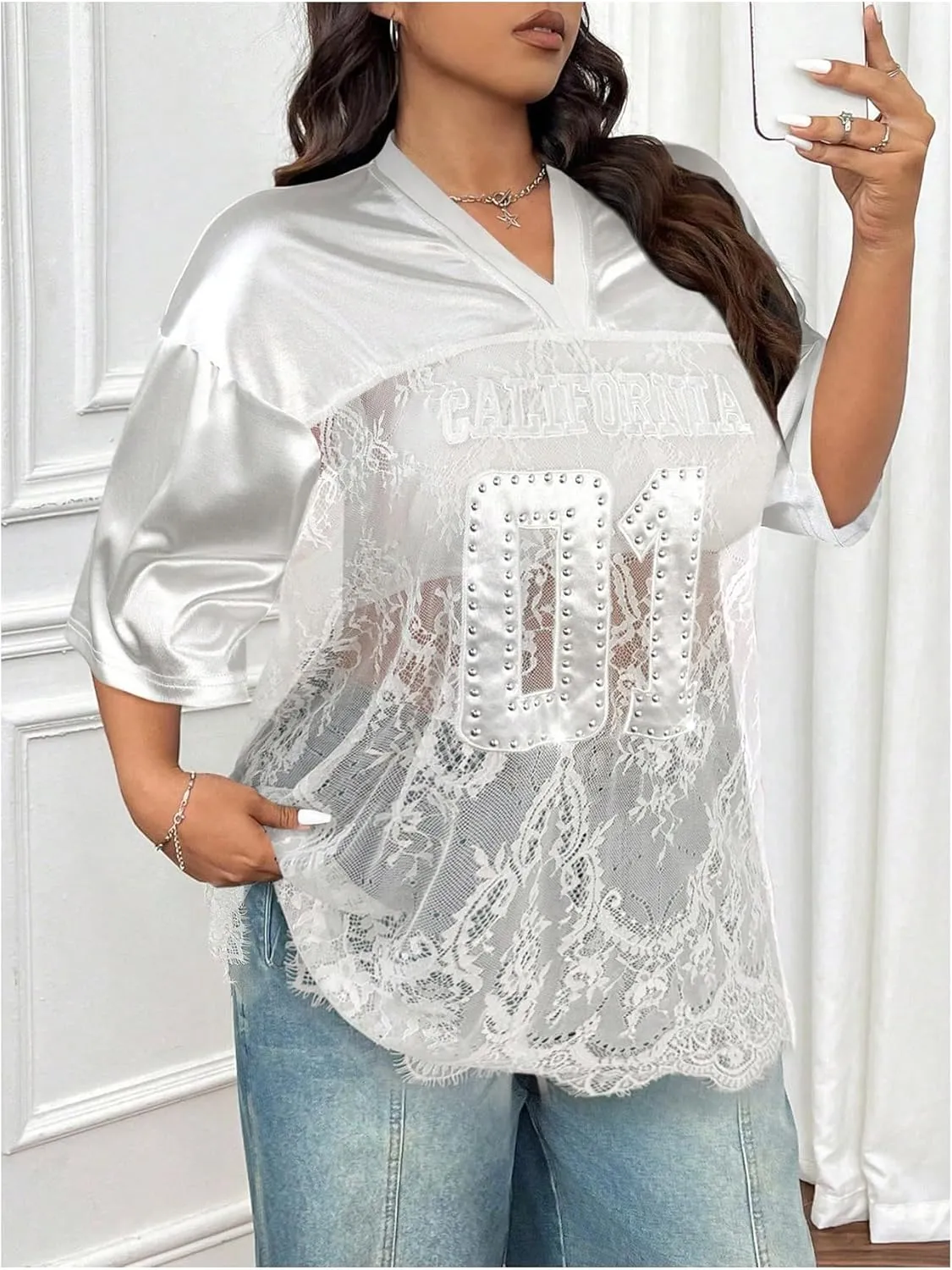 Milumia Women's Plus Size Letter Print Lace Sheer Mesh Jersey Shirt Half Sleeve V Neck Oversized Tee Top