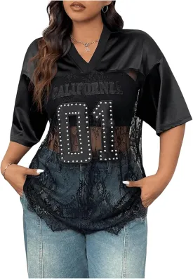 Milumia Women's Plus Size Letter Print Lace Sheer Mesh Jersey Shirt Half Sleeve V Neck Oversized Tee Top
