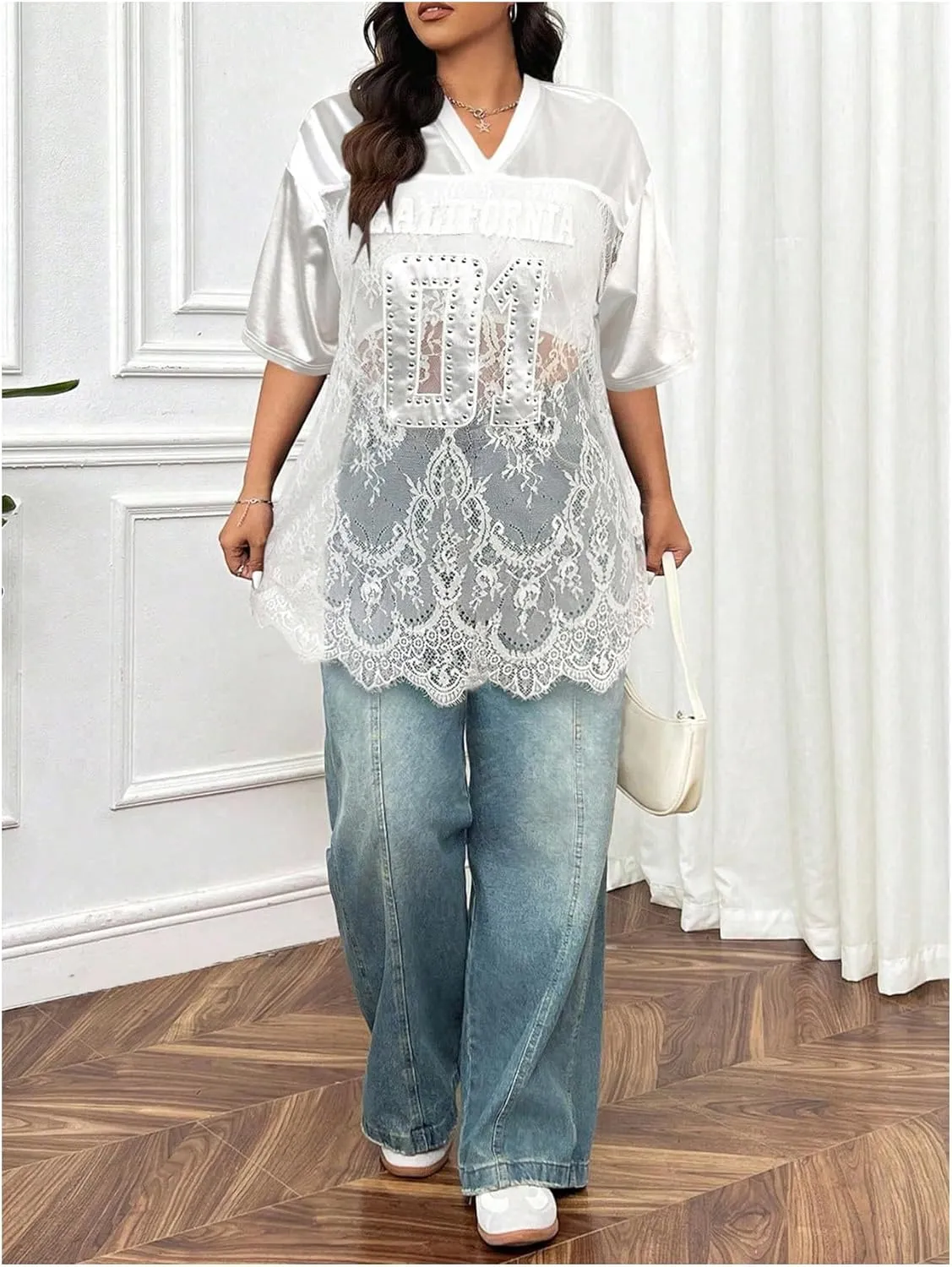 Milumia Women's Plus Size Letter Print Lace Sheer Mesh Jersey Shirt Half Sleeve V Neck Oversized Tee Top