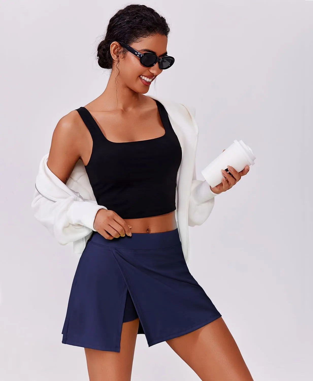 PINSPARK Womens Tennis Skirts High Waisted Golf Skorts with 2 Pockets Side Slit Athletic Skirt for Workout Pickleball Sports