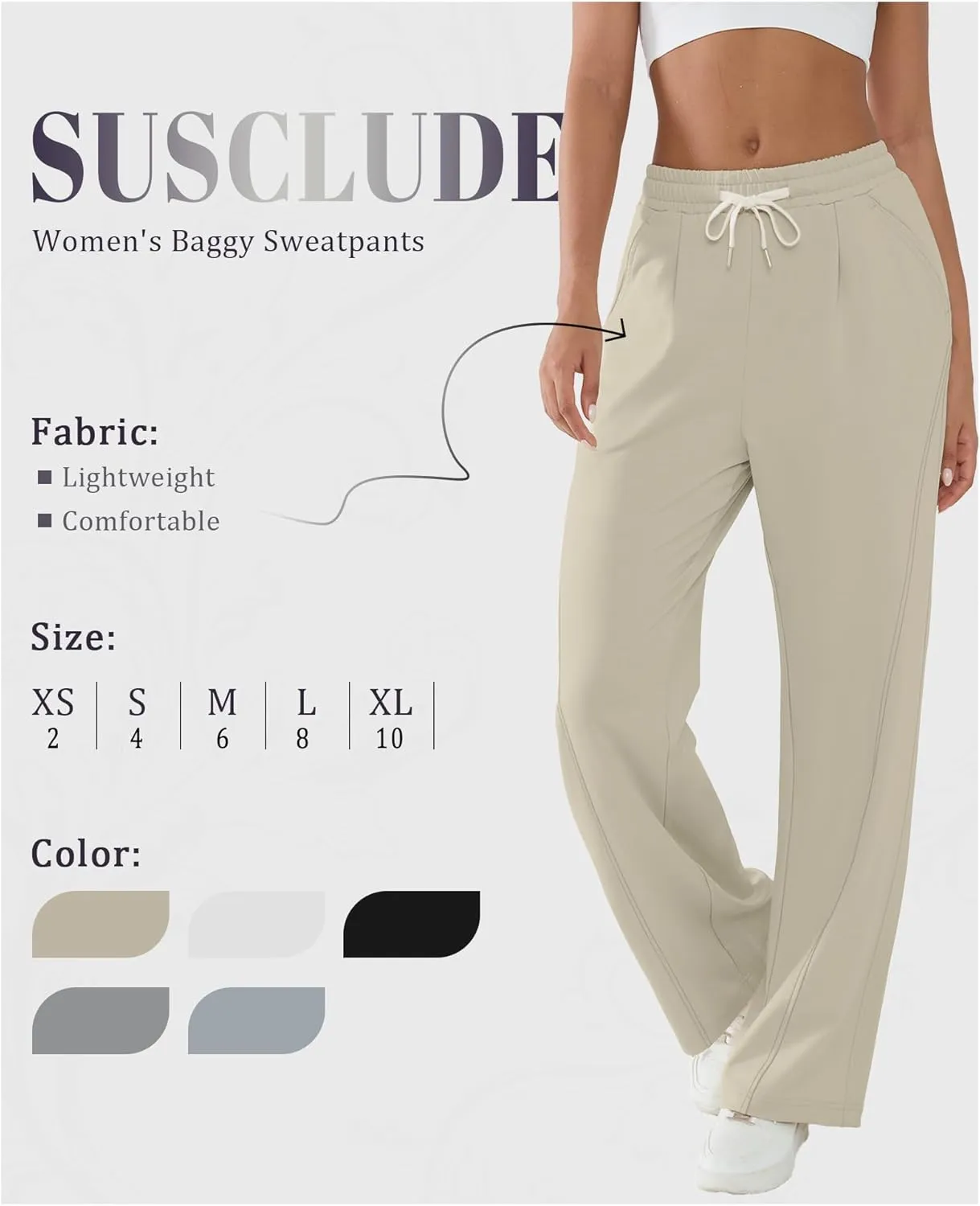 Susclude Wide Leg Sweatpants for Women Y2k Baggy Sweat Pants Casual Drawstring Pleated Lightweight Pants with Pockets
