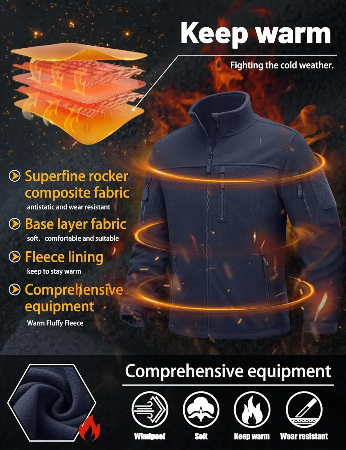TACVASEN Men's Fleece Jacket Full Zip Winter Jacket Lightweight Tactical Jackets Outdoor Hiking Coats with Pockets