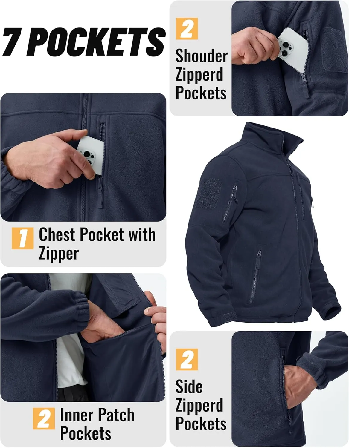 TACVASEN Men's Fleece Jacket Full Zip Winter Jacket Lightweight Tactical Jackets Outdoor Hiking Coats with Pockets
