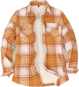 ZENTHACE Women's Flannel Shirt Jacket, Sherpa-Lined Plaid Shacket Jackets, Snap Button Down Outdoor Shirt