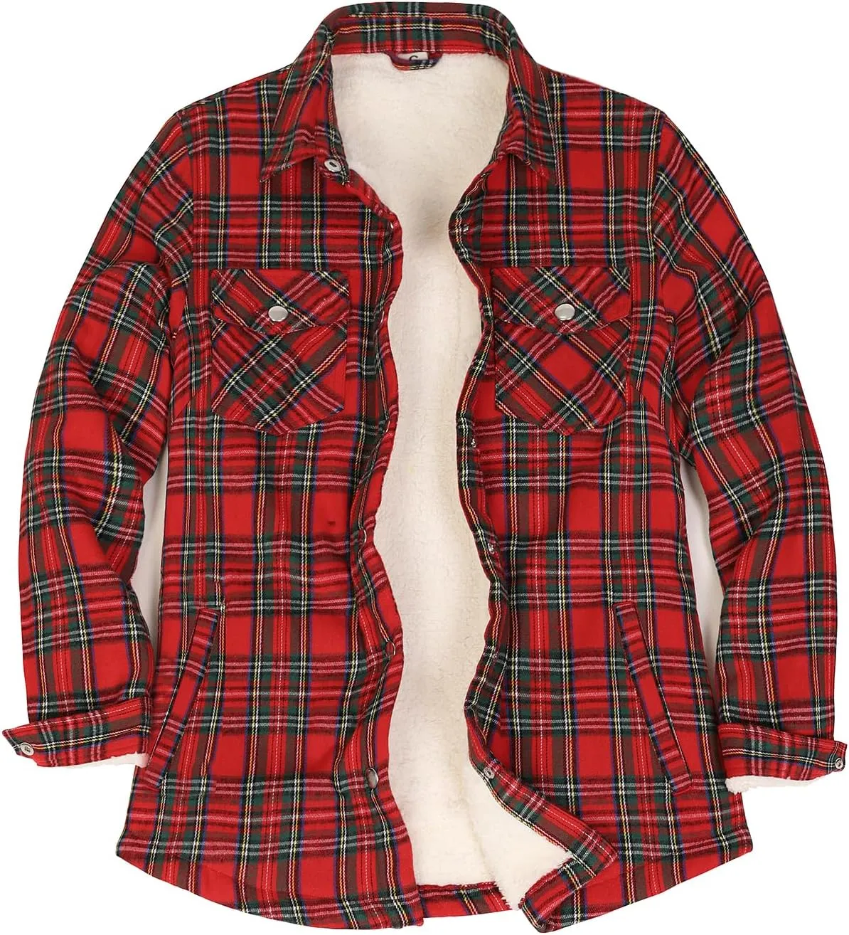 ZENTHACE Women's Flannel Shirt Jacket, Sherpa-Lined Plaid Shacket Jackets, Snap Button Down Outdoor Shirt